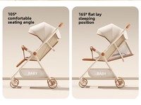 Poussette bébé pliable et légère avec cadre métallique robuste, siège inclinable bidirectionnel, possibilité de s'asseoir/décrocher, design compact et pliable.