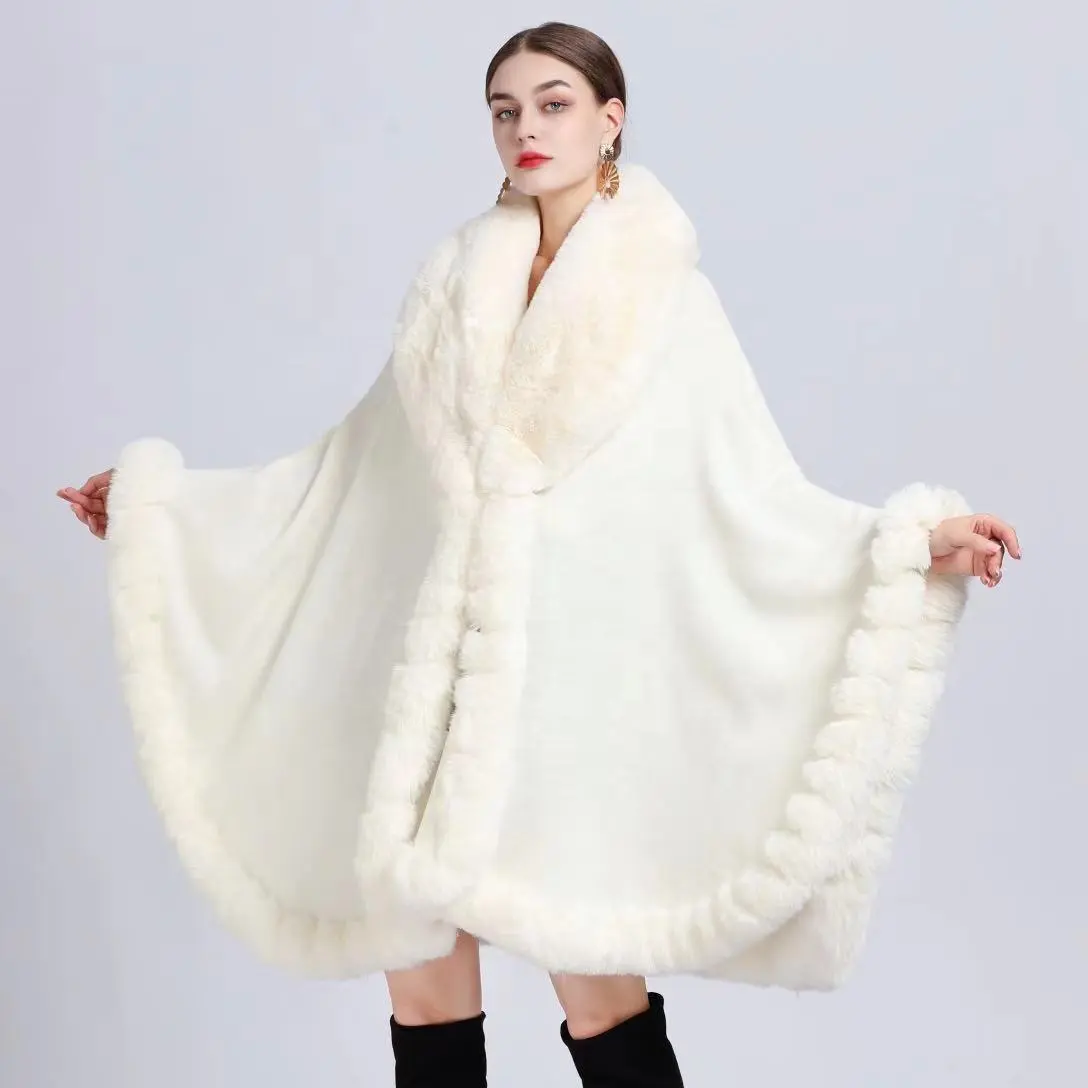 Étoles féminines d'hiver de couleur unie tricotées col en fausse fourrure de lapin Poncho Cape châle enveloppement de luxe surdimensionné