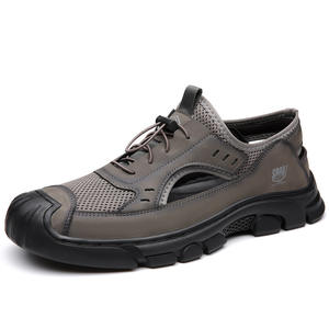 Sandales d'été en cuir véritable pour hommes, à bout ouvert, avec empeigne en maille, décontractées, à semelle souple, respirantes, avec soutien de la voûte plantaire, légères et faciles à enfiler - Product Image 1