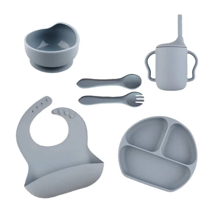 Kinderen Siliconen Servies Servies Borden Set Siliconen Plaat Kom Lepel Cup Slabbetje Baby Voeding Set Baby Siliconen Servies