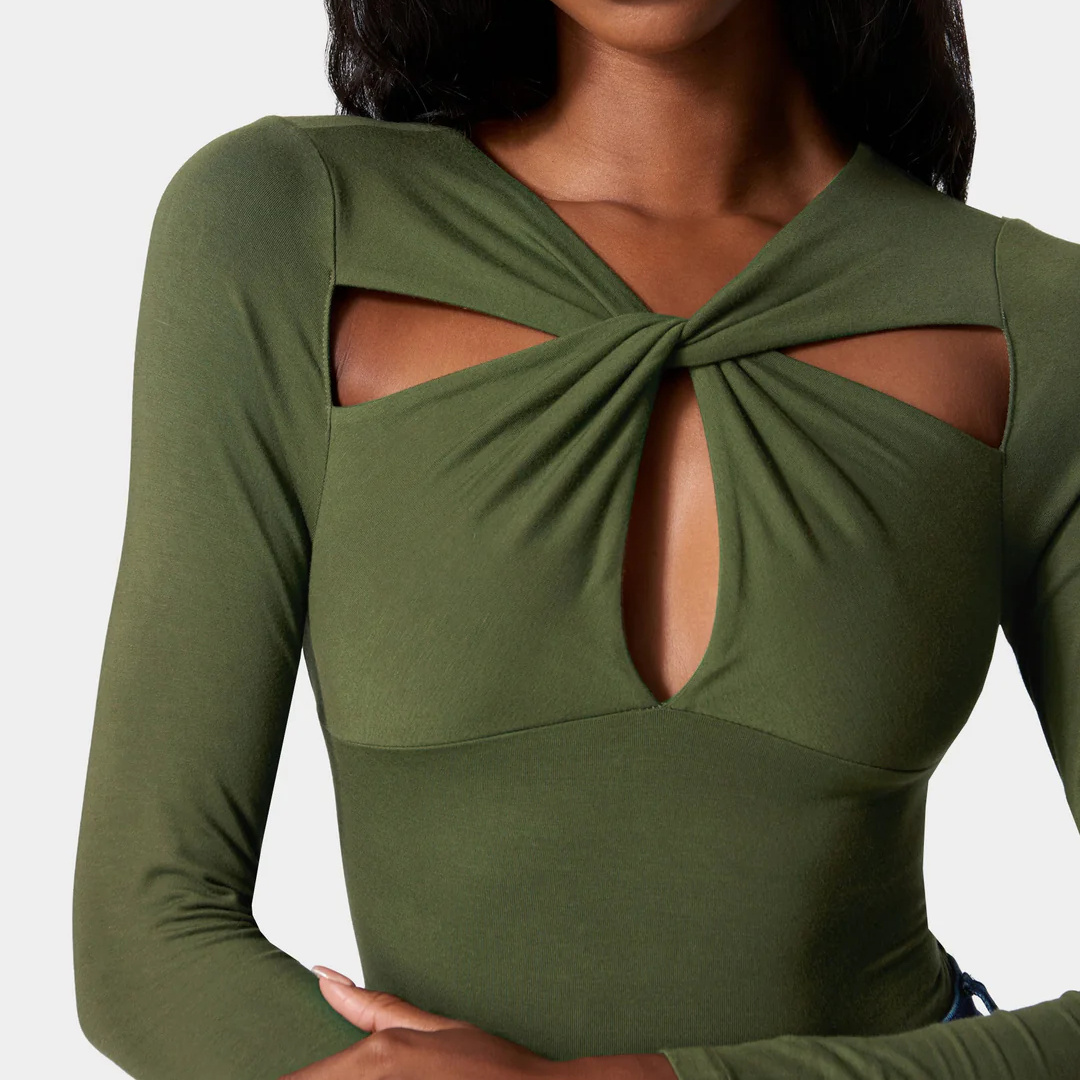 Customized Elegant Twisted Keyhole Long Sleeve Olive Green Sexy Slim Fit Stretch Top For Women Chic Olive Green For Women