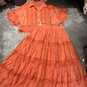 Tuta alla moda primavera estate nuovo Design moda donna <span class=keywords><strong>maglia</strong></span> Vintage a maniche corte in <span class=keywords><strong>pizzo</strong></span> con gonna lunga a trapezio - Product Image 1