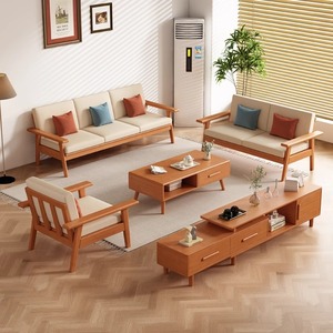 Solid Wood Sofa Three Seater Scandinavian Style Upholstered <b>Living</b> Room Furniture - Product Image 2