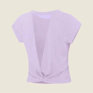 Camisetas de yoga cortas para mujer al por mayor, ligeras, con espalda en V retorcida, transpirables, de malla, de manga corta, para gimnasio, pilates y deportes. - Product Image 4