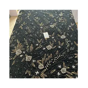 Embroidery Lace Fabric with Beads Beautiful French Heavy Work Embroidered Lace Fabric for Elegant Dress