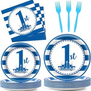 Assiettes jetables brodées et gaufrées de haute qualité, thème bleu, décoration de fête de 1er <span class=keywords><strong>anniversaire</strong></span> pour bébé garçon, fournitures de <span class=keywords><strong>table</strong></span> - Product Image 5