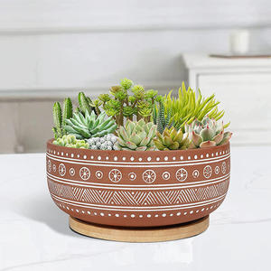 Jardinière succulente en terre brute, plateau en bambou, Pot à bonsaï rond et peu profond - Product Image 4