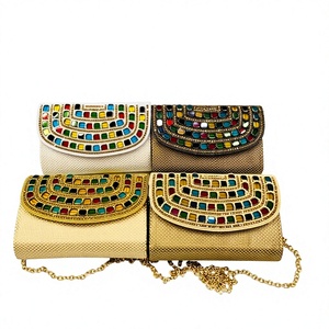 Handmade Satin <b>Clutch</b> Bag with Multicolor Pearl & Stone Embroidery | Women's Ethnic <b>Wedding</b> Evening Party Sling Purse with Chain - Product Image 1