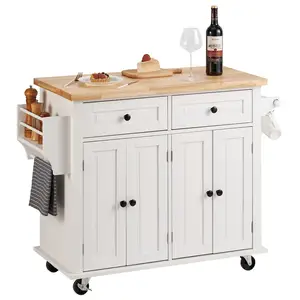 Personalización de fábrica, carrito de Isla de almacenamiento de cocina de madera con tapa de madera de caucho con 2 cajones, armarios de 4 puertas, carrito de madera