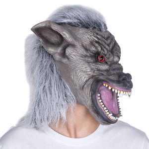 Maschera in lattice divertente <span class=keywords><strong>a</strong></span> tema Goofy, integrale, grigia con texture effetto invecchiato, pelliccia spessa grigia, occhi rossi brillanti, teschioli affilati, bocca aperta, morbida, per feste - Product Image 5