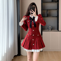 Ensemble robe courte plissée à manches longues style tweed doux automne-hiver avec nœud et bordure en dentelle