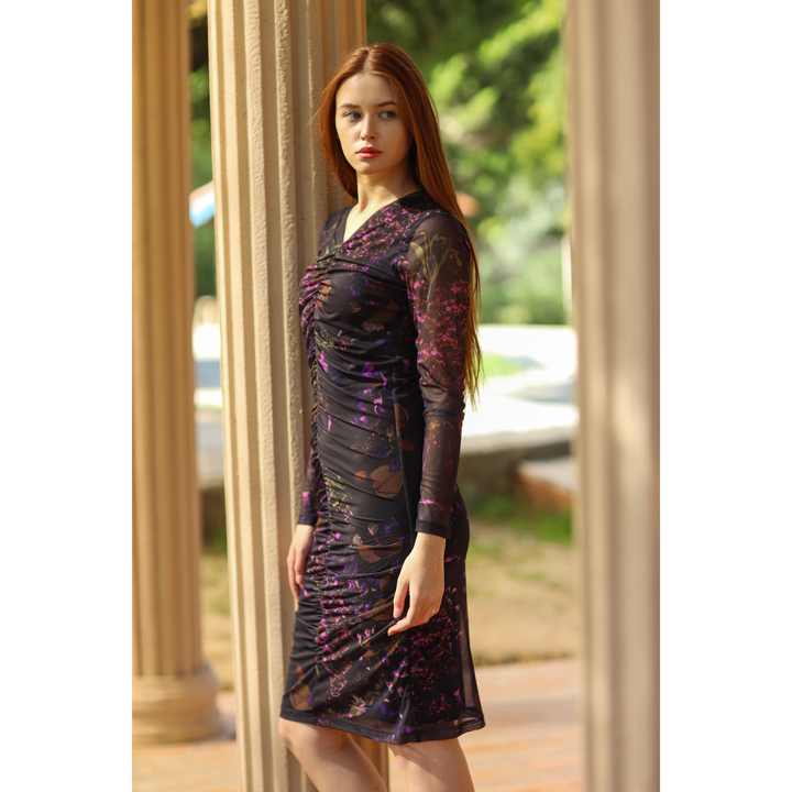 Black A-Line Dress with Transparent Sleeves and Embroidered Flower Details XS to XL Empire Waist Knee-Length to Floor-Length