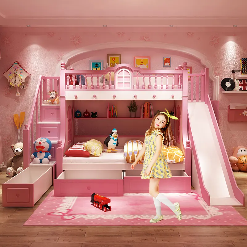 Lit superposé en bois, de princesse, rose, moderne, pour enfants, meuble de chambre double fille, nouveauté
