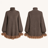 Robe pull ample en maille unie pour femme, col roulé haut, manches longues lanternes, ourlet à volants en dentelle, mini-robe oversize