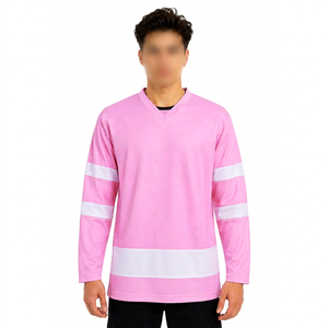 เสื้อฮอกกี้น้ำแข็งสีชมพูสำหรับผู้ชาย แขนยาว คอวี ลายทาง ระบายเหงื่อได้ดี ผลิตจากโพลีเอสเตอร์ 100% ชุดกีฬา ทรงปกติ ใส่ได้ทุกฤดู - Product Image 1