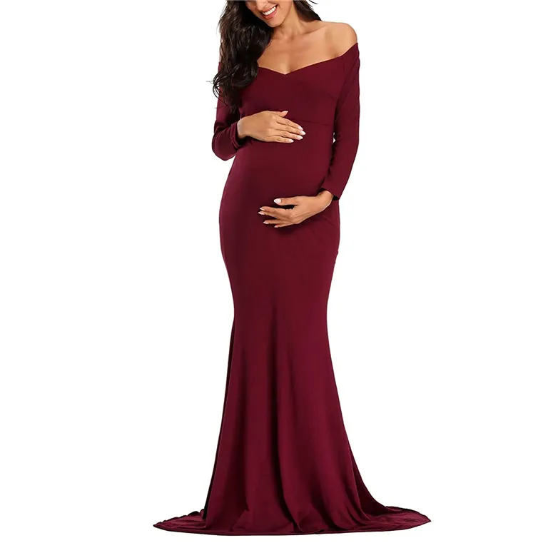 Women's Off Shoulder Ball Gowns for Photography Slim Cross-Front V Neck Long Sleeve Maternity Dress Photoshoot