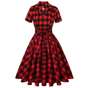 2022 женское винтажное платье большого размера, Летняя туника, красная клетчатая пуговица с пуговицами в стиле ретро, праздничное Привлекательное платье в стиле рокабилли 50-х годов