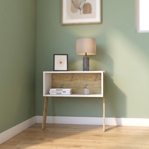Comodino rurale con finitura rovere chiaro/bianco a due gambe e una mensola - Product Image 3