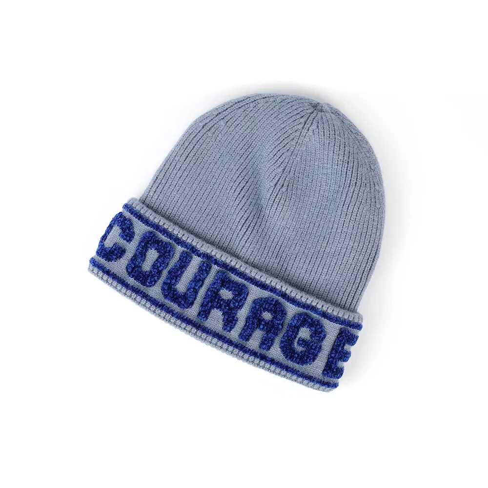 Nouveau chapeau tricoté chaud en acrylique bleu, livraison d'usine de haute qualité, chapeau bonnet brodé 3D, avec doublure, pour adultes