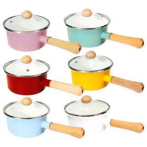 Custom 18cm 6 colors non-stick enamel pan with glass lid and wood handle
