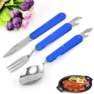 Práctico juego de cubiertos de viaje, cuchillo y tenedor de acero inoxidable, cubiertos de estilo occidental para camping y picnic, plegables de tres piezas. - Product Image 1
