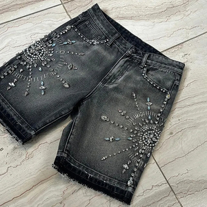 Novo <span class=keywords><strong>2026</strong></span> Personalizado 100% Algodão Shorts <span class=keywords><strong>Jeans</strong></span> Masculino com Joelho Duplo, Desgastado, Lavagem Ácida, Estilo Baggy e Strass - Product Image 4
