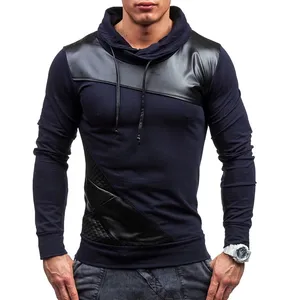 Men's Long Sleeve T-shirt 2021 Fashion Turtleneck Patch Leather T Shirt Men Clothes Casual Slim Stand Collar Hoodie