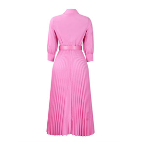<b>Pink</b> Pleated Midi Shirt Dress With Stand Collar Three Quarter Puff Sleeve Belted Woven Casual Dress For Daily Wear Spring - Product Image 6