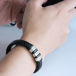 Bracelet en cuir tressé avec 3 breloques et boucle en acier inoxydable |   Logo personnalisé disponible avec options de gravure - Product Image 3