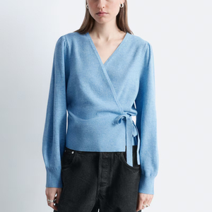 Women's New Design 100% Merino Wool Knit Sweater <strong>Jumper</strong> V-neck <strong>Wrap</strong> Cardigan Sweater With Long Puff Sleeves - Product Image 4