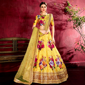 Floral Print Silk Lehenga Choli Set With Dupatta <b>Sequin</b> Embroidery Ethnic Women Wedding Outfit - Product Image 1