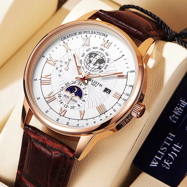 Wlisth 6140 Watch Quartz Movement Mens Waterproof Brand Men Skeleton Leather Belt Clock Luminous Hands Business Watches