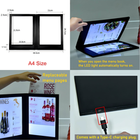Menu numérique de luxe rechargeable à LED, format A4, pour restaurant, avec couvertures en ABS noires, alimentation 300V AC