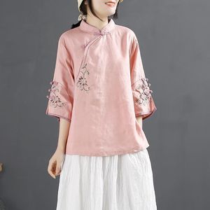 Chinese Style Cotton Linen Shirt Women Spring Summer Stand Collar Frog Button Embroidered Tea Dress Pink White Blue Yellow - Product Image 1