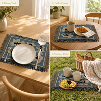 Set de table tissé bleu beige à fleurs, Napperon vintage à fleurs avec pompons, Cadeau idéal pour les amateurs de cuisine et de salle à manger