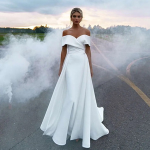 Off The Shoulder Satin Wedding Dress A Line Natural Waist White Bridal Gown Simple Style For Travel Photography - Product Image 1