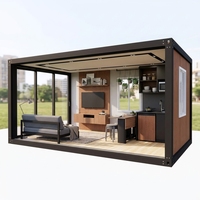 Maison conteneur démontable à grain de bois avec grande fenêtre coulissante en verre, cabane préfabriquée compacte pour gîte, bureau, villa, complexe hôtelier