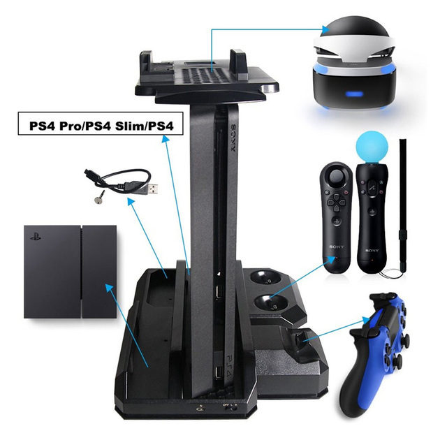 PS4 Pro Slim Vertical Stand Display Showcase Cooling Fan Controller Charger Charging Dock for Play Station 4 PS 4 PS VR Console