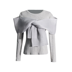 Camiseta de Mujer de Manga Larga con Cuello Redondo y Lazo Cruzado Personalizado, Color Sólido, Nueva Moda de Otoño - Product Image 5