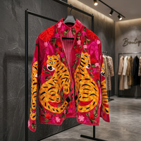 Veste en velours de coton automne/hiver, broderie à la main, réversible, motif animal tigre safari, couleur rose vin, légère, en satin, en peau de mouton