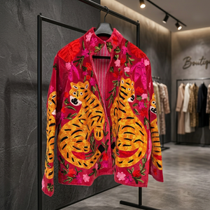 Veste en velours de coton automne/hiver, broderie à la main, motif tigre réversible, satin léger, peau de mouton, couleur rose vin, style safari - Product Image 2