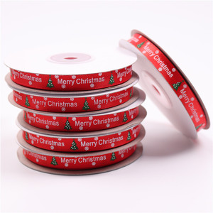 Venta al por mayor rojo 1CM brillante y suave impresión Feliz árbol de Navidad Paquete de regalo cinta de satén de Navidad - Product Image 5