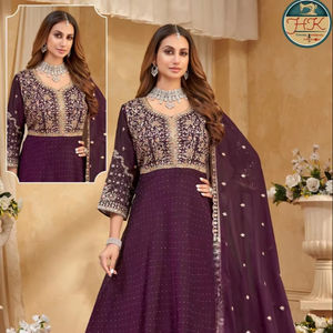 Costume Anarkali pour femmes, couleur vin, brodé, avec dupatta, tenue de soirée de créateur, tenue de mariage, tenue ethnique festive - Product Image 3