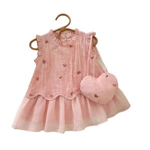 Girls Sleeveless Vest Dress Pink Heart Print Breathable <b>Princess</b> Style Summer Outfit With <b>Bag</b> Included - Product Image 5