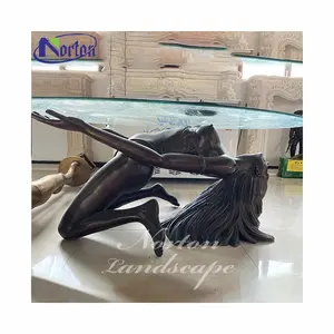 Modern Nordic Luxury Round Design Sexy Nude Woman Copper Brass Bronze Statue Sculpture Coffee Table