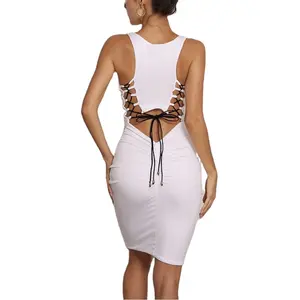 Lace-Up Cut Out Back Ruched Tanque Vestido Sexy Ladies Bodycon Slim Fit Vestido Bodycon Midi