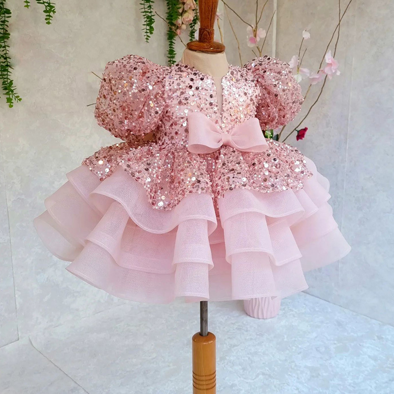 Pink Sequin Princess Bubble Sleeve Puffy Dress for Kids