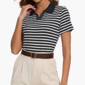 T-shirt <span class=keywords><strong>Polo</strong></span> a maniche corte da donna e da ragazza a righe in cotone bianco e nero di colore oversize - Product Image 1
