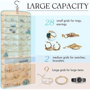 Hanging Jewelry Organizer 2 Pack 39 Pockets 30 Hooks Double Sided Earring Necklace Storage Blue Transparent - Product Image 5