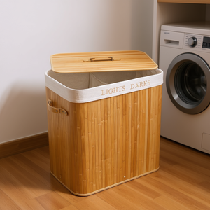 Cesto de Ropa Plegable de Bambú con Tapa y Forro Rectangular de Lona para Almacenamiento en Apartamentos, Hogares y Dormitorios - Product Image 2